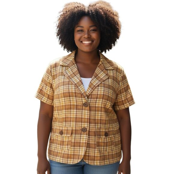 ECI Orange Plaid Linen V-neck Plus Size Tunic Top 20 - Picture 1 of 13